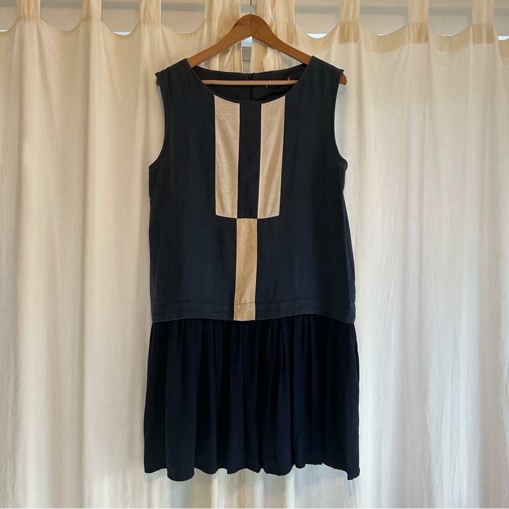 JENNIFER GLASGLOW | Blue 100% Linen Dress with White Block Pattern